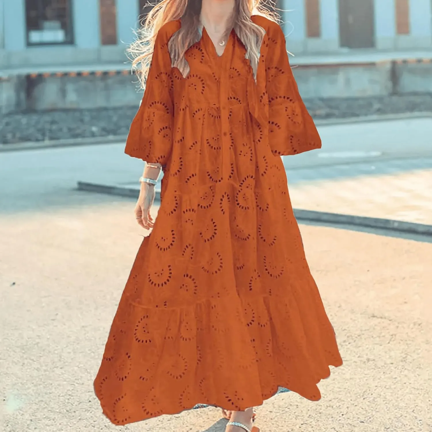 LIKGTVRO Eyelet Dress Boho V-Neck Hollow Lace Embroidery Dresses Bohemian Bell Sleeve Frilly Casual Maxi Skirt