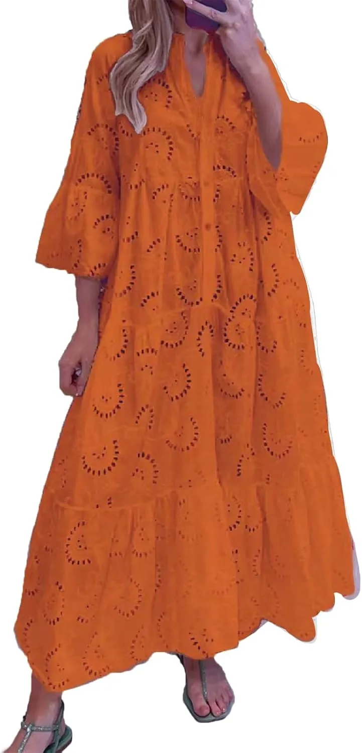 LIKGTVRO Eyelet Dress Boho V-Neck Hollow Lace Embroidery Dresses Bohemian Bell Sleeve Frilly Casual Maxi Skirt