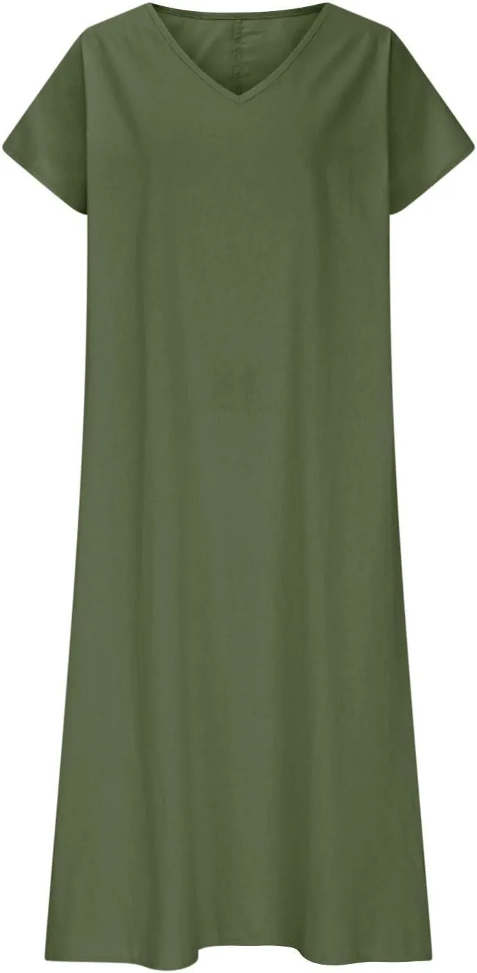Linen Casual Dresses for Women Flowy V Neck Short Sleeve Maxi Lightweight Summer Beach Vacation Dress