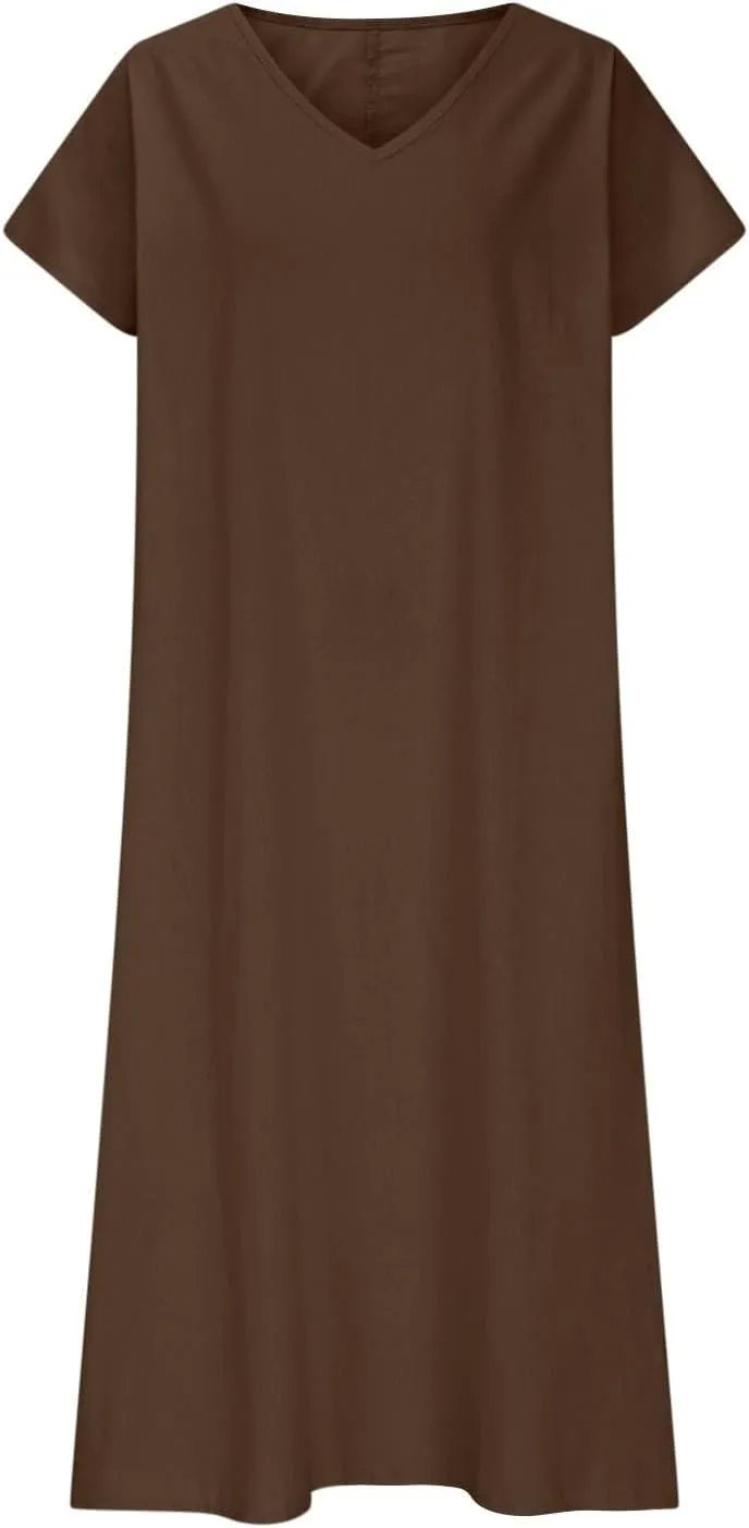 Linen Casual Dresses for Women Flowy V Neck Short Sleeve Maxi Lightweight Summer Beach Vacation Dress