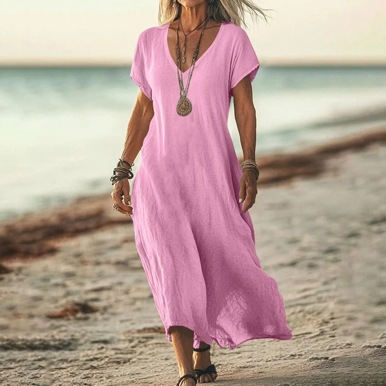 Linen Casual Dresses for Women Flowy V Neck Short Sleeve Maxi Lightweight Summer Beach Vacation Dress