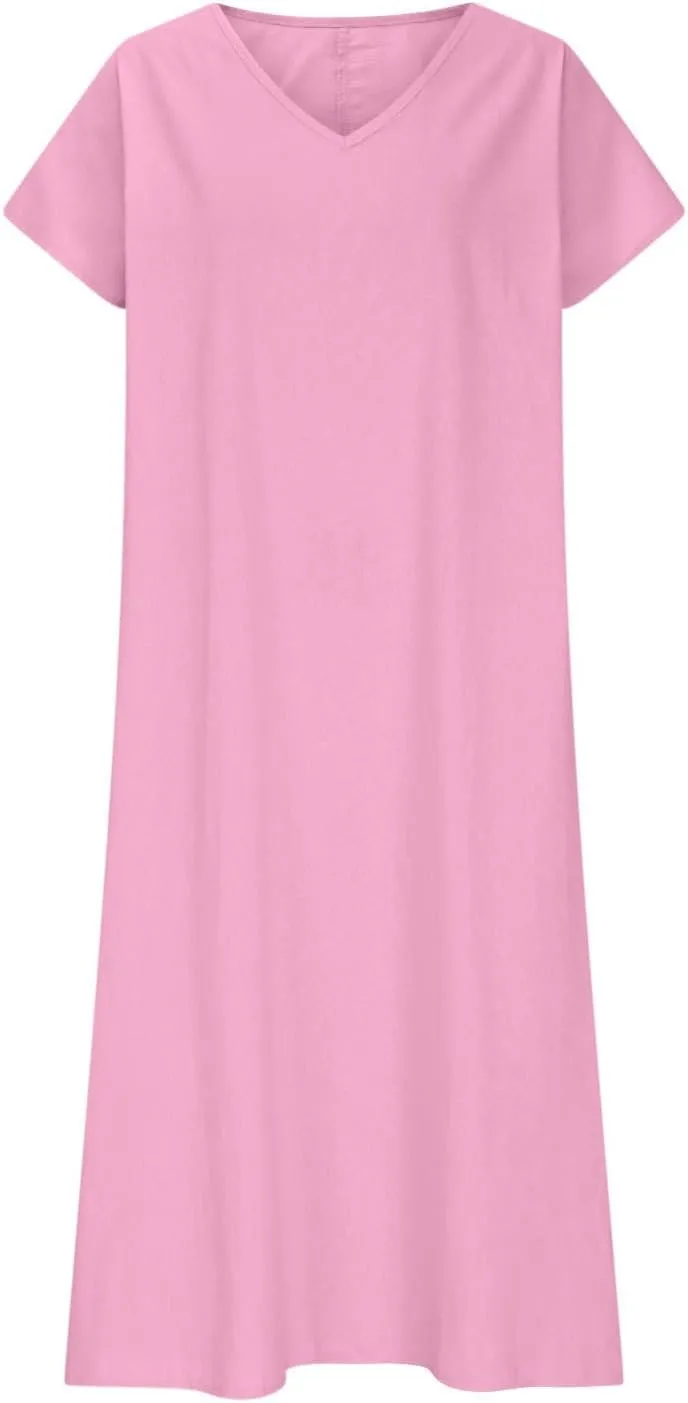 Linen Casual Dresses for Women Flowy V Neck Short Sleeve Maxi Lightweight Summer Beach Vacation Dress