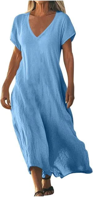 Linen Casual Dresses for Women Flowy V Neck Short Sleeve Maxi Lightweight Summer Beach Vacation Dress
