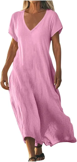 Linen Casual Dresses for Women Flowy V Neck Short Sleeve Maxi Lightweight Summer Beach Vacation Dress