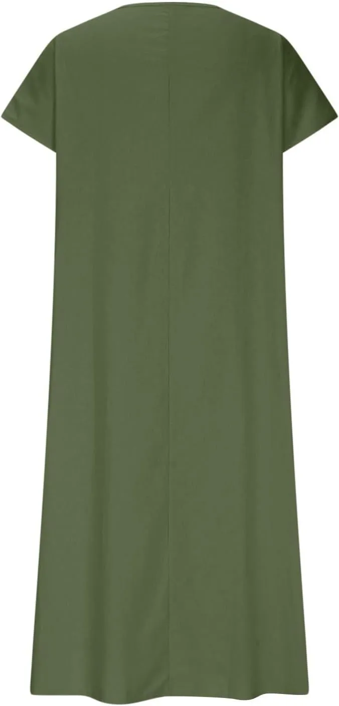 Linen Casual Dresses for Women Flowy V Neck Short Sleeve Maxi Lightweight Summer Beach Vacation Dress