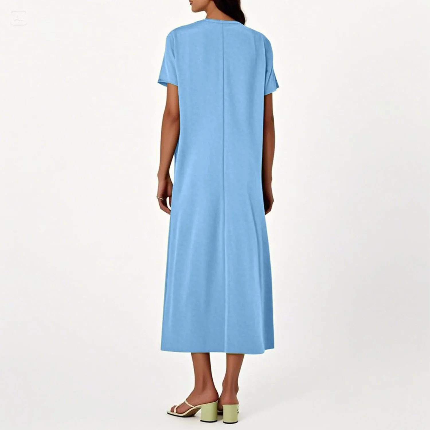 Linen Casual Dresses for Women Flowy V Neck Short Sleeve Maxi Lightweight Summer Beach Vacation Dress