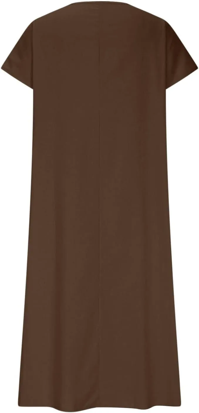 Linen Casual Dresses for Women Flowy V Neck Short Sleeve Maxi Lightweight Summer Beach Vacation Dress