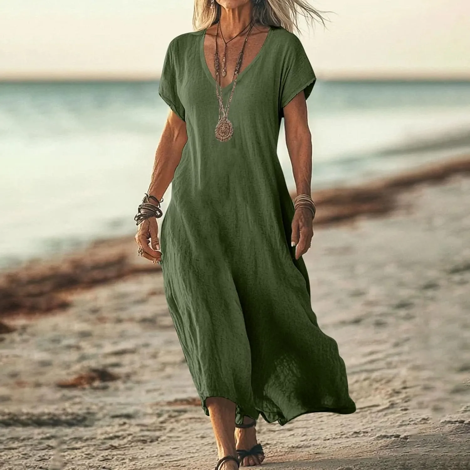 Linen Casual Dresses for Women Flowy V Neck Short Sleeve Maxi Lightweight Summer Beach Vacation Dress