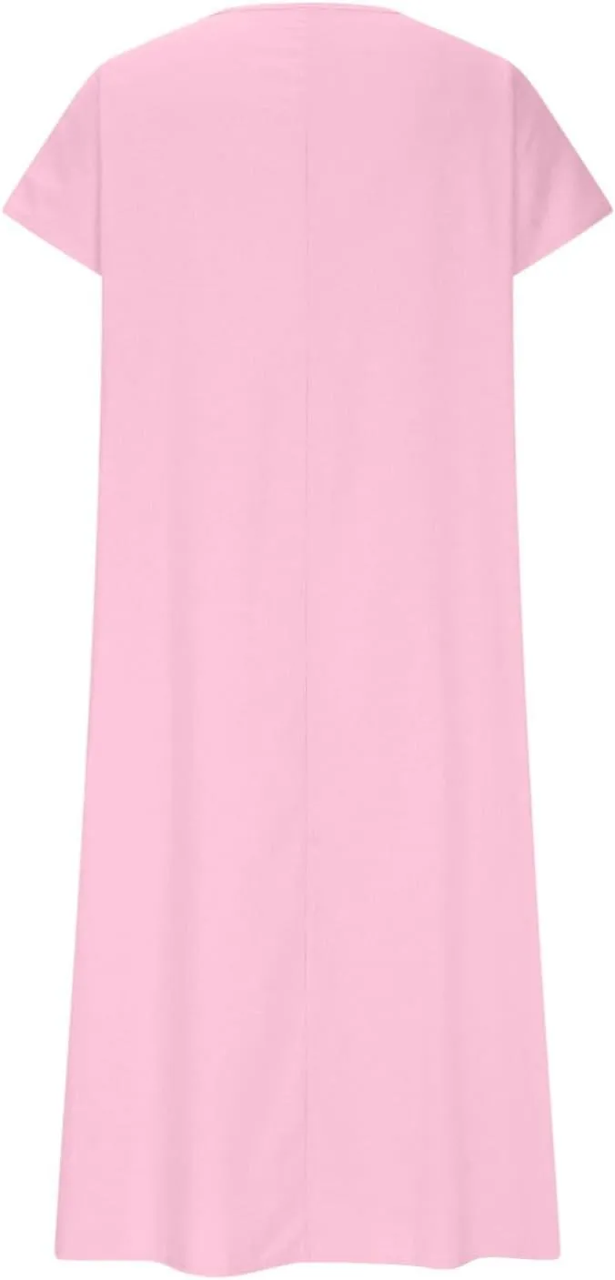 Linen Casual Dresses for Women Flowy V Neck Short Sleeve Maxi Lightweight Summer Beach Vacation Dress