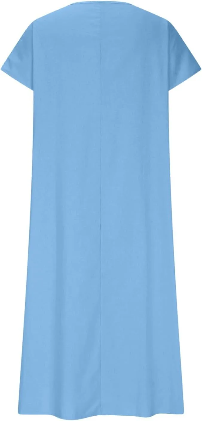 Linen Casual Dresses for Women Flowy V Neck Short Sleeve Maxi Lightweight Summer Beach Vacation Dress
