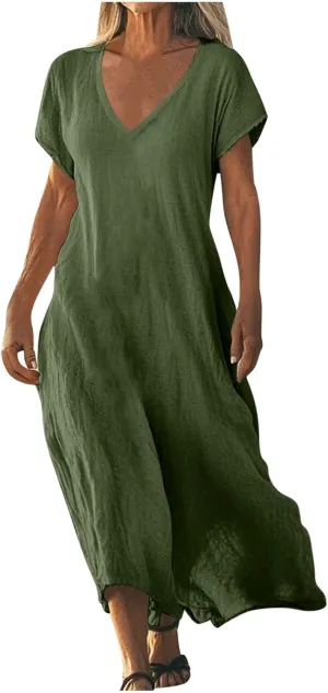 Linen Casual Dresses for Women Flowy V Neck Short Sleeve Maxi Lightweight Summer Beach Vacation Dress