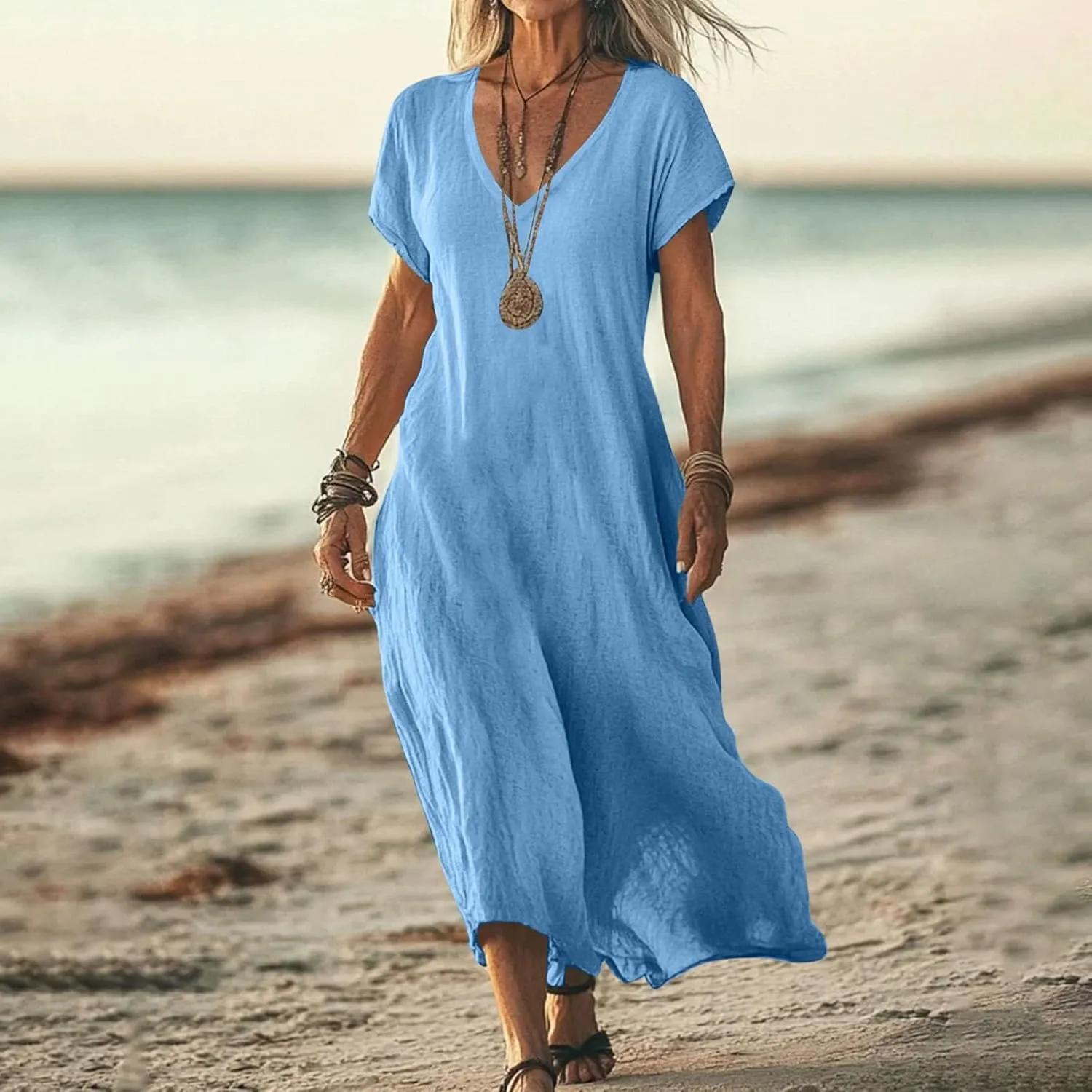 Linen Casual Dresses for Women Flowy V Neck Short Sleeve Maxi Lightweight Summer Beach Vacation Dress