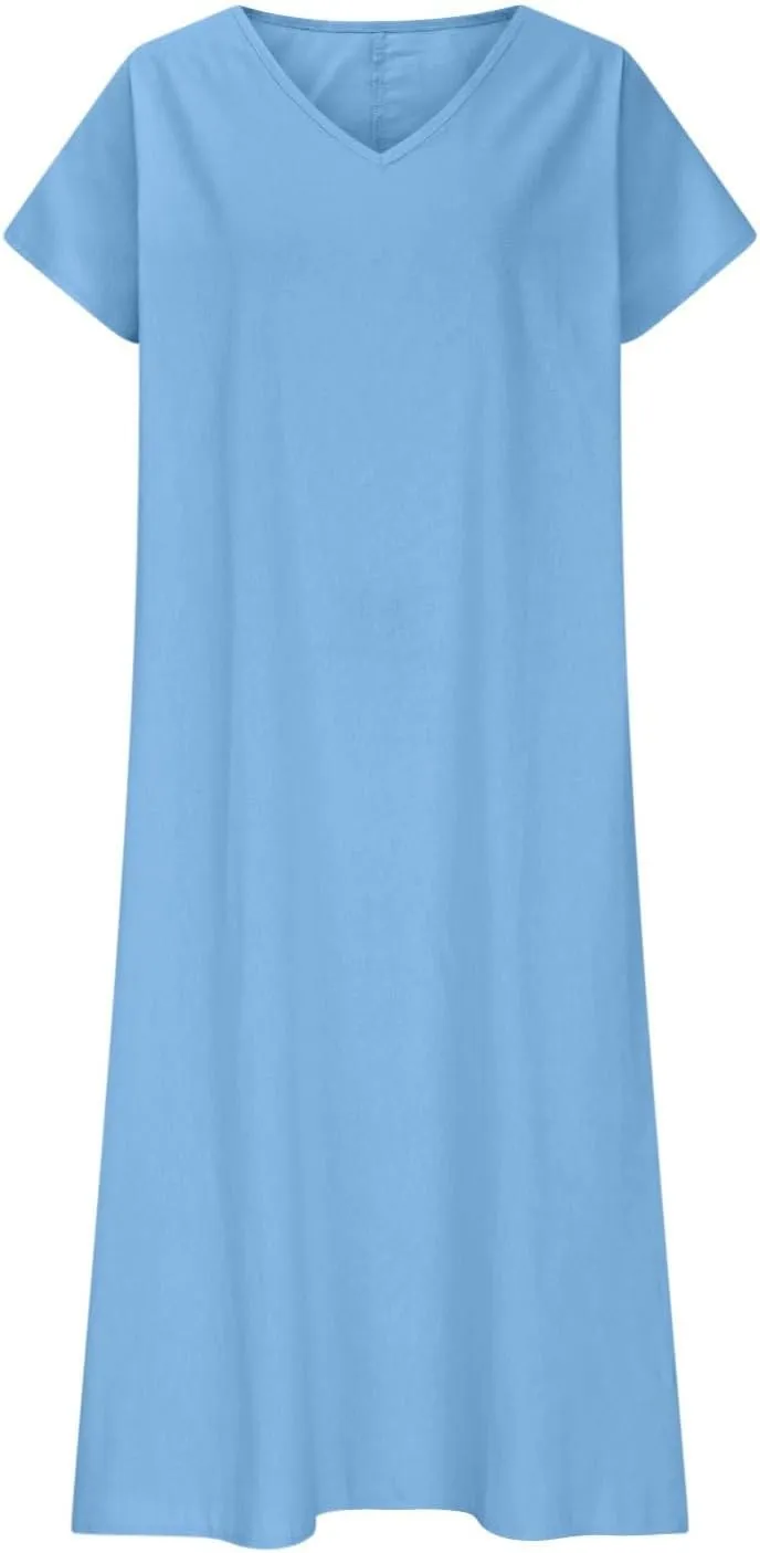 Linen Casual Dresses for Women Flowy V Neck Short Sleeve Maxi Lightweight Summer Beach Vacation Dress