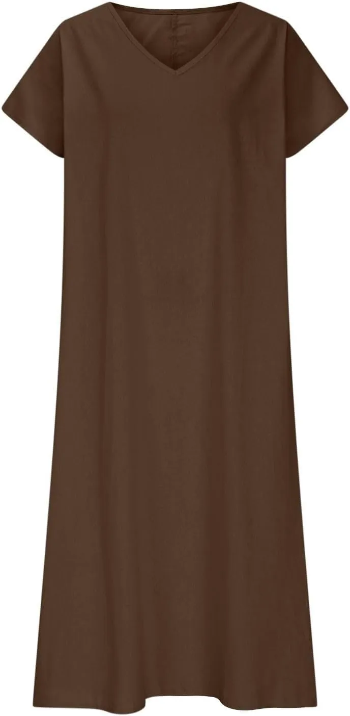 Linen Dresses for Women 2025 Casual Flowy V Neck Short Sleeve Maxi Dress Lightweight Summer Beach Vacation Clothes