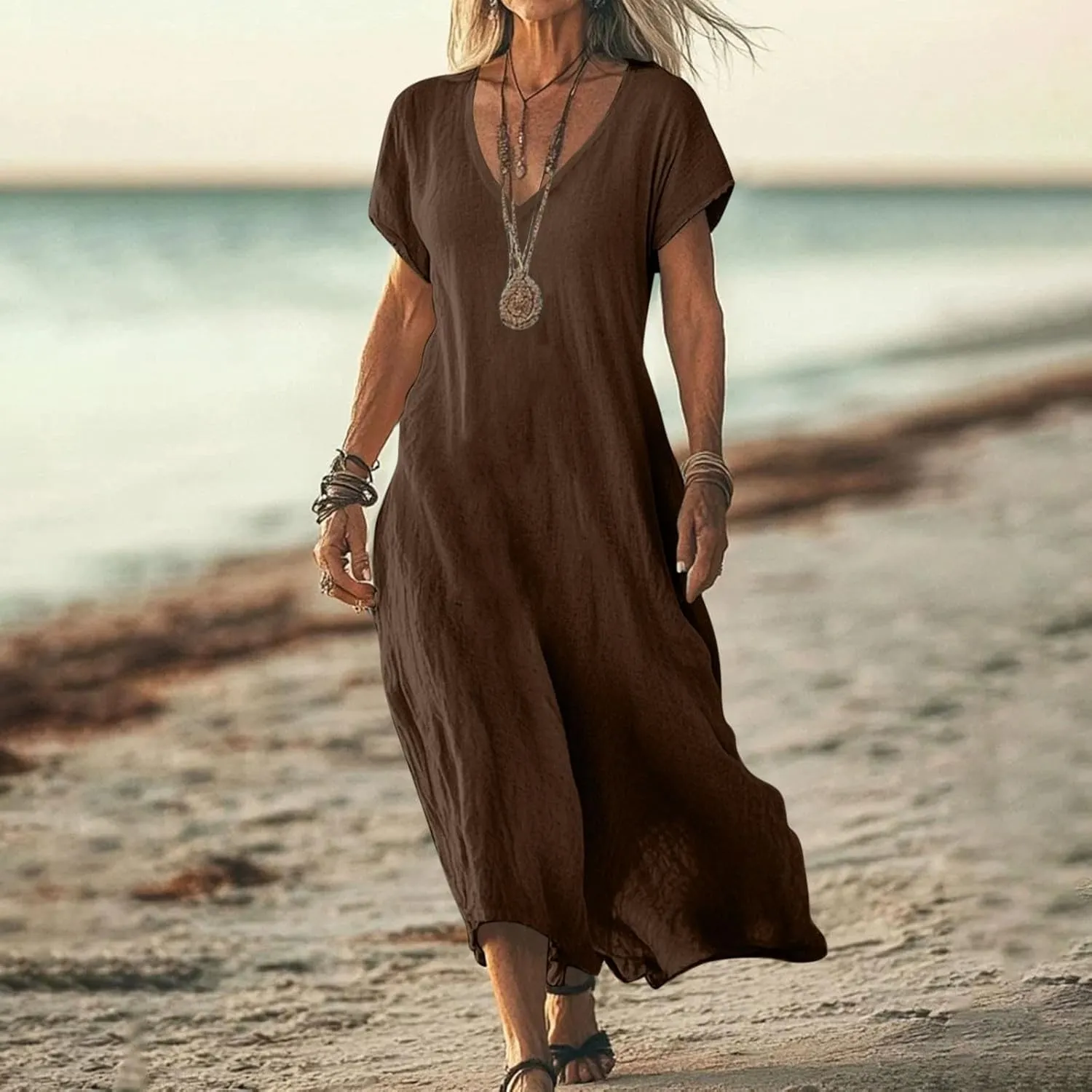 Linen Dresses for Women 2025 Casual Flowy V Neck Short Sleeve Maxi Dress Lightweight Summer Beach Vacation Clothes