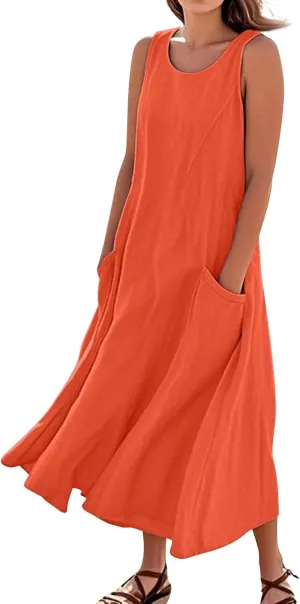 Linen Dresses for Women 2025 Sleeveless Long Flowy Shirt Dresses Boho Beach Vacation Summer Maxi Dress with Pockets