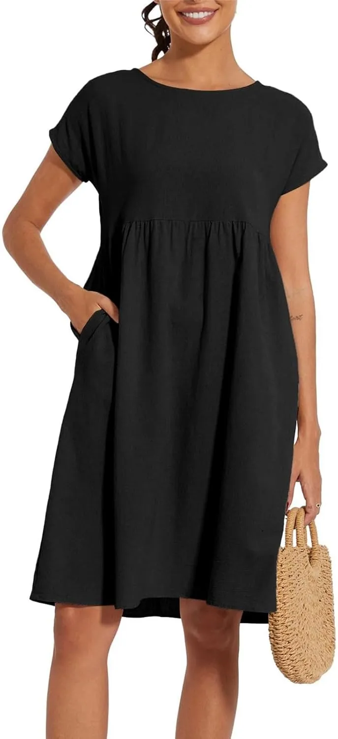Linen Dresses for Women 2025 Solid Color Short Sleeve A-line Midi Dress with Pockets Comfy Loose Flowy Casual Dresses