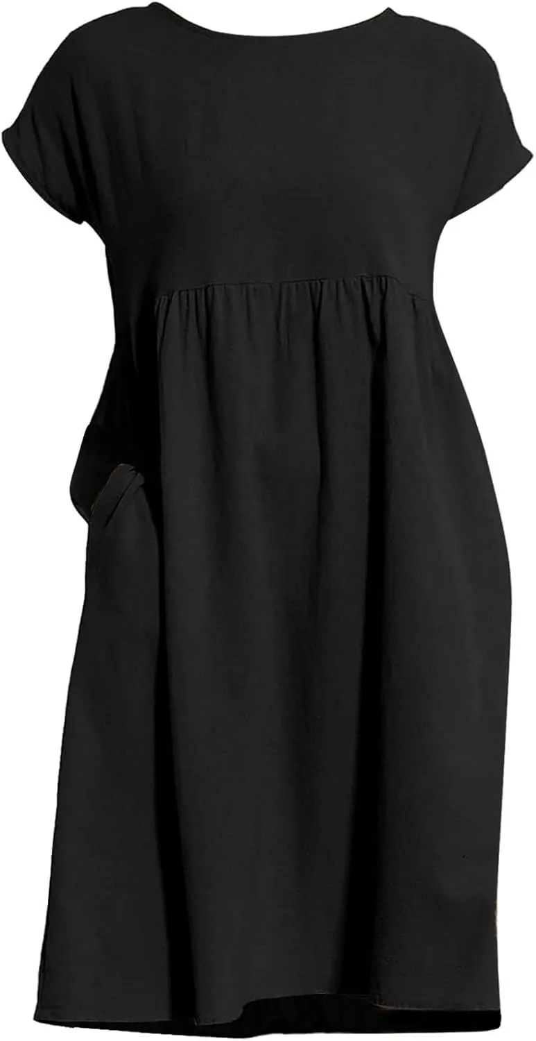 Linen Dresses for Women 2025 Solid Color Short Sleeve A-line Midi Dress with Pockets Comfy Loose Flowy Casual Dresses