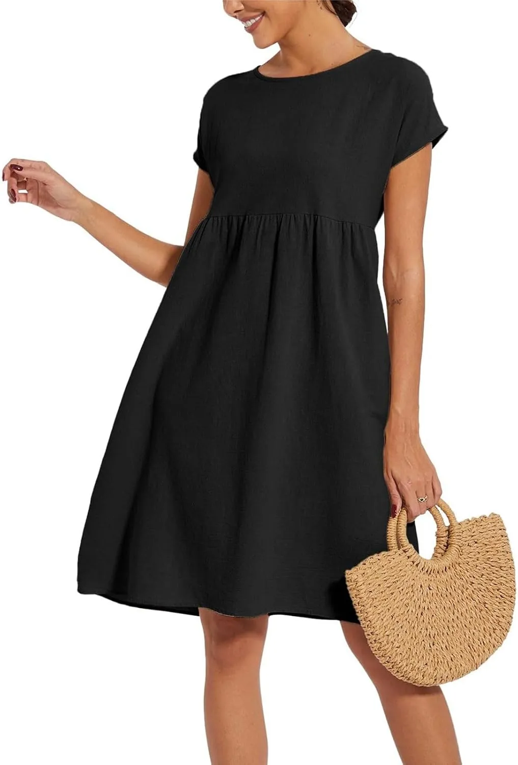 Linen Dresses for Women 2025 Solid Color Short Sleeve A-line Midi Dress with Pockets Comfy Loose Flowy Casual Dresses