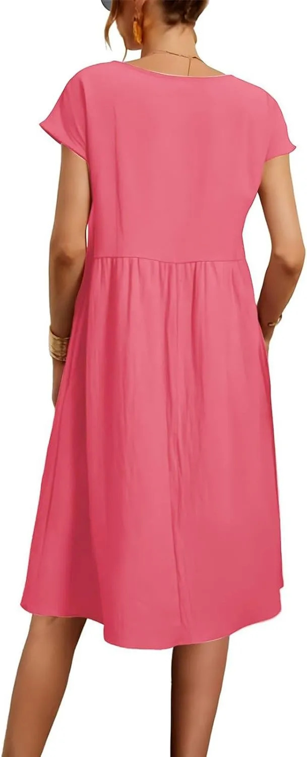 Linen Dresses for Women 2025 Solid Color Short Sleeve A-line Midi Dress with Pockets Comfy Loose Flowy Casual Dresses