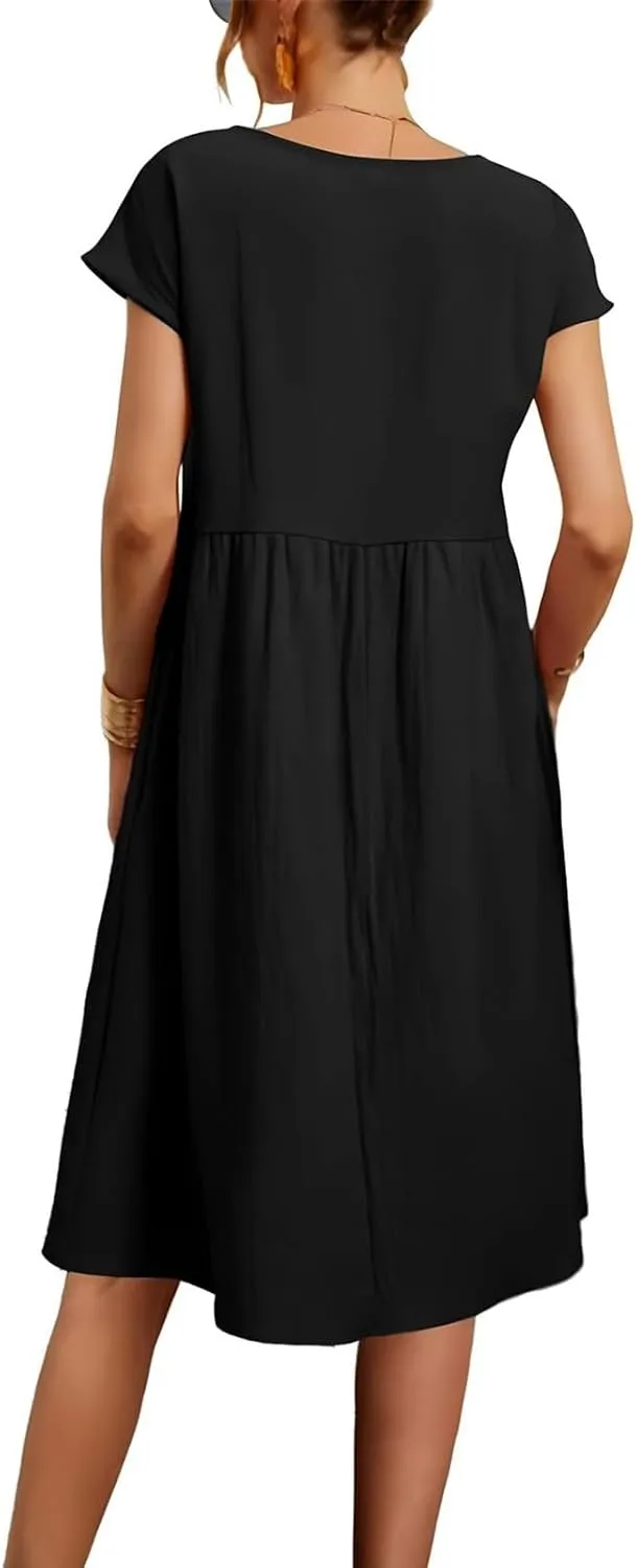 Linen Dresses for Women 2025 Solid Color Short Sleeve A-line Midi Dress with Pockets Comfy Loose Flowy Casual Dresses
