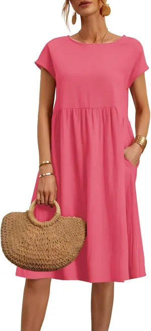 Linen Dresses for Women 2025 Solid Color Short Sleeve A-line Midi Dress with Pockets Comfy Loose Flowy Casual Dresses