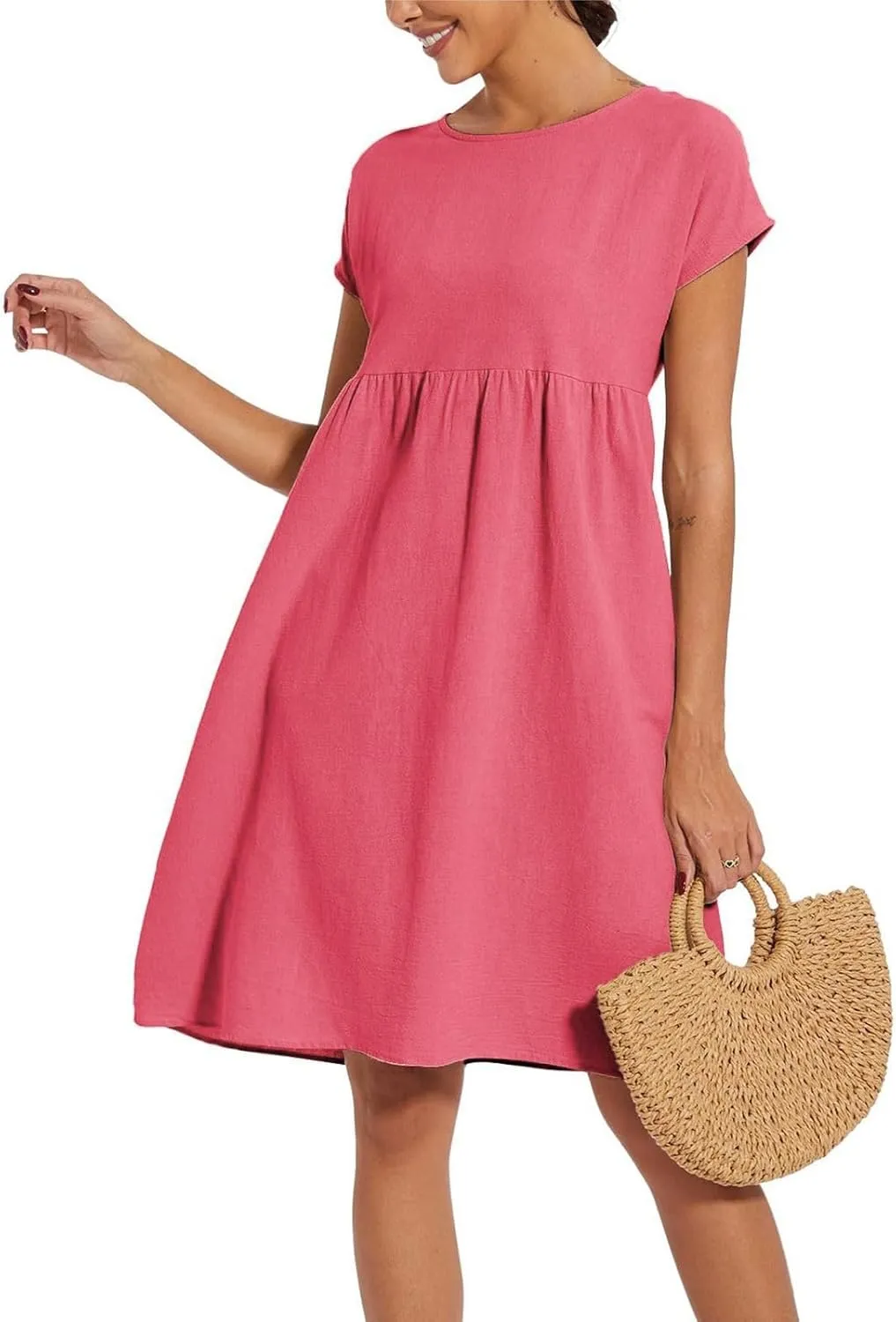 Linen Dresses for Women 2025 Solid Color Short Sleeve A-line Midi Dress with Pockets Comfy Loose Flowy Casual Dresses