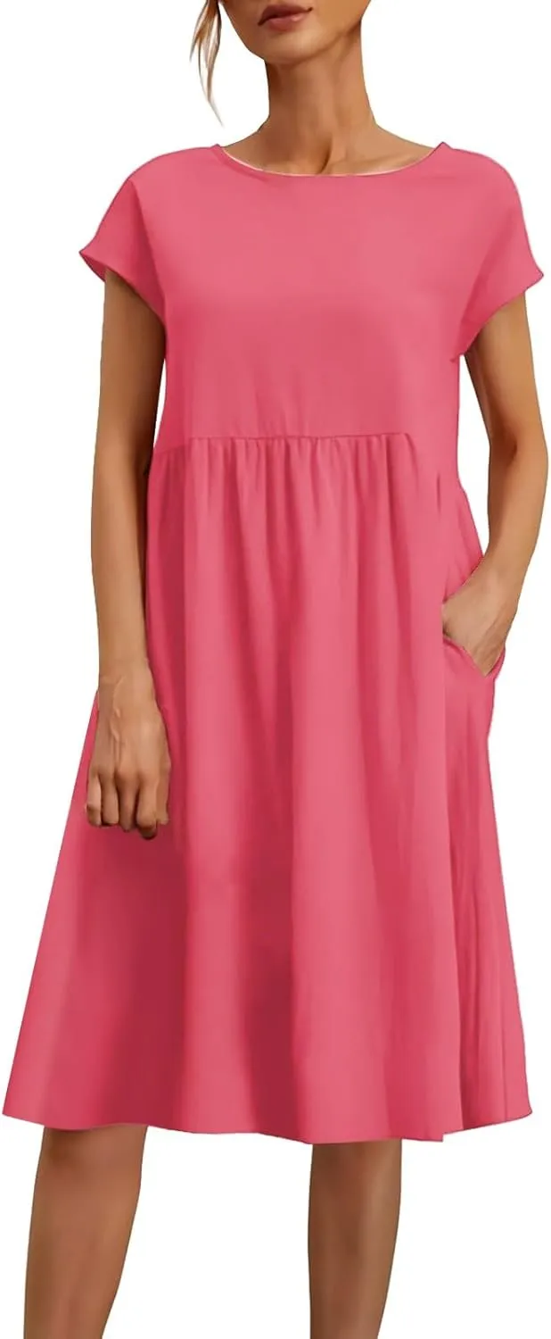 Linen Dresses for Women 2025 Solid Color Short Sleeve A-line Midi Dress with Pockets Comfy Loose Flowy Casual Dresses