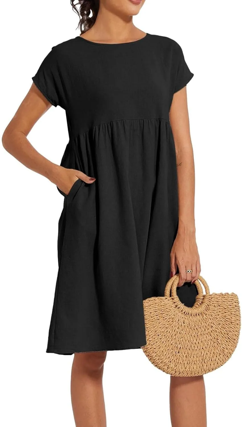 Linen Dresses for Women 2025 Solid Color Short Sleeve A-line Midi Dress with Pockets Comfy Loose Flowy Casual Dresses