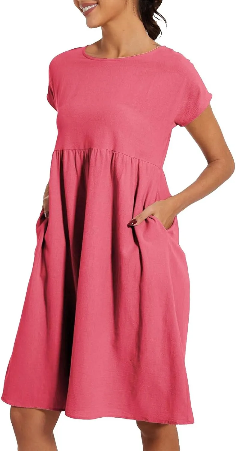 Linen Dresses for Women 2025 Solid Color Short Sleeve A-line Midi Dress with Pockets Comfy Loose Flowy Casual Dresses
