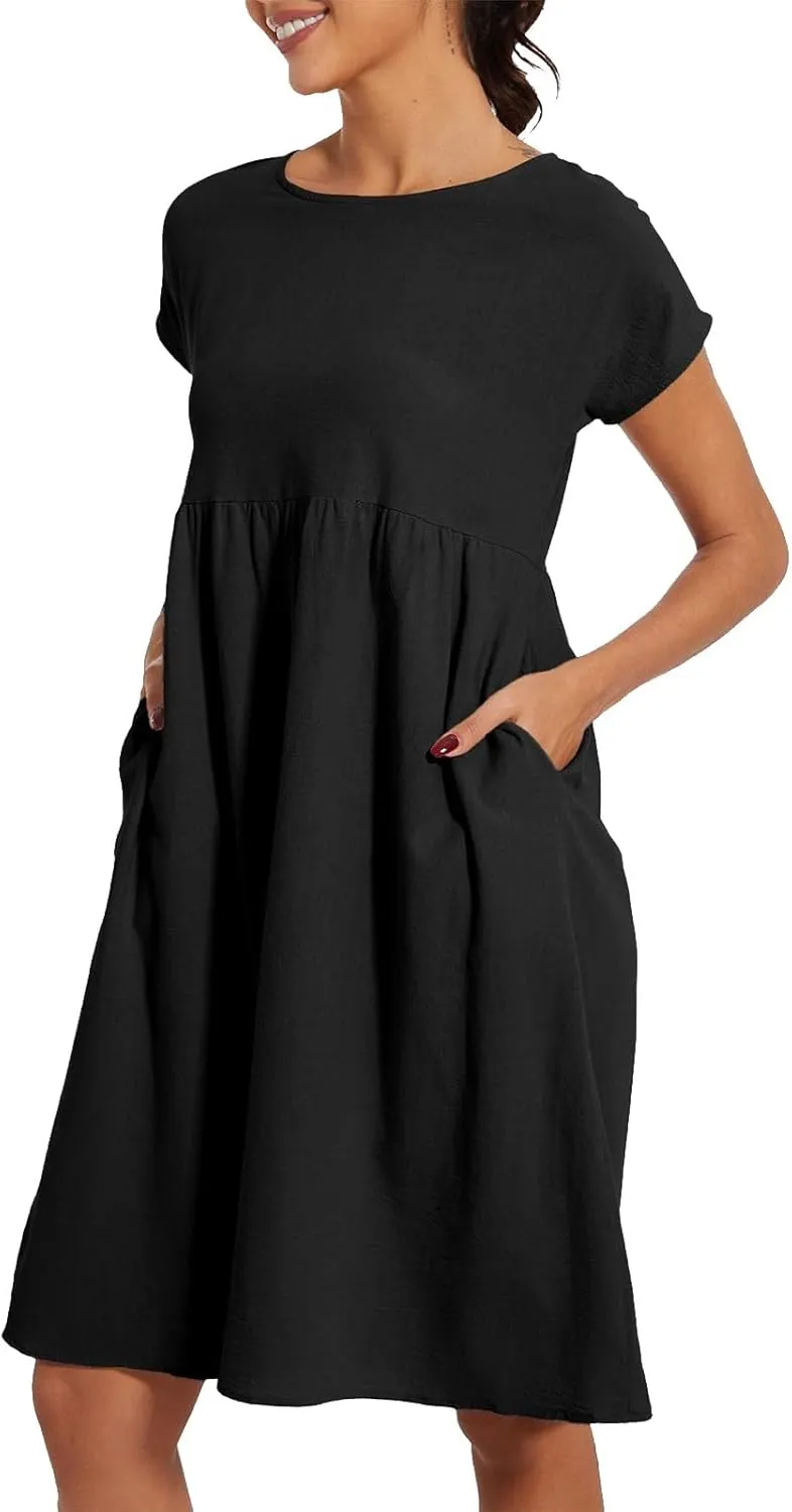 Linen Dresses for Women 2025 Solid Color Short Sleeve A-line Midi Dress with Pockets Comfy Loose Flowy Casual Dresses