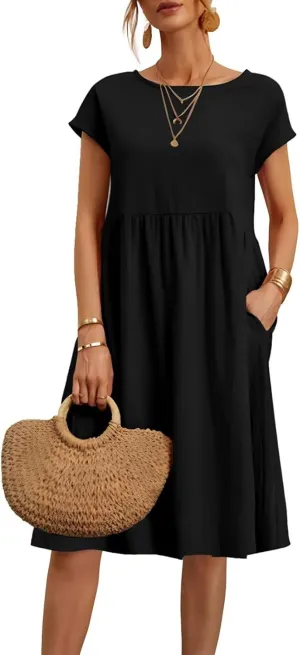 Linen Dresses for Women 2025 Solid Color Short Sleeve A-line Midi Dress with Pockets Comfy Loose Flowy Casual Dresses