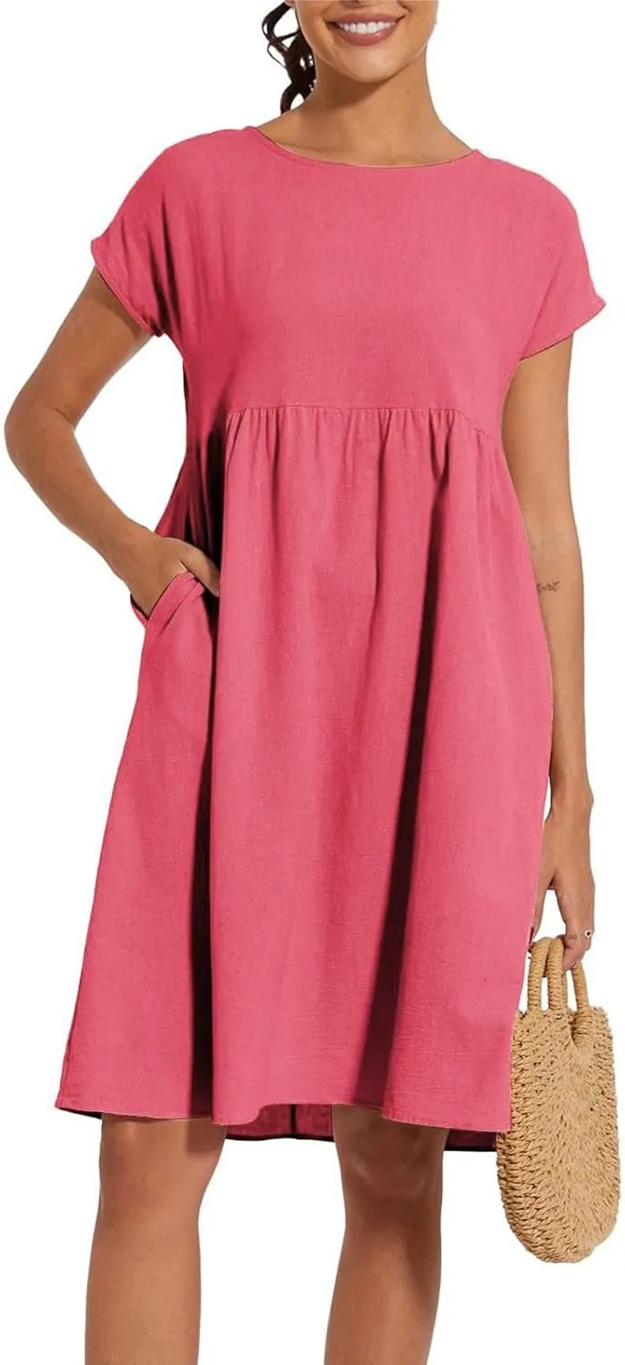 Linen Dresses for Women 2025 Solid Color Short Sleeve A-line Midi Dress with Pockets Comfy Loose Flowy Casual Dresses
