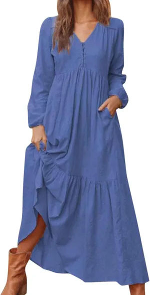 Linen Dresses for Women 2025 Solid V-Neck Tiered Ruffle Long Sleeve Dress Comfy Vacation Midi Sundresses with Pockets