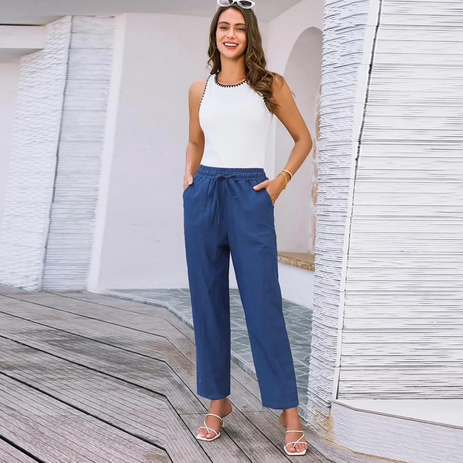Linen Pants for Women, Peasant Pants Casual Linen Straight Leg Print Trendy
