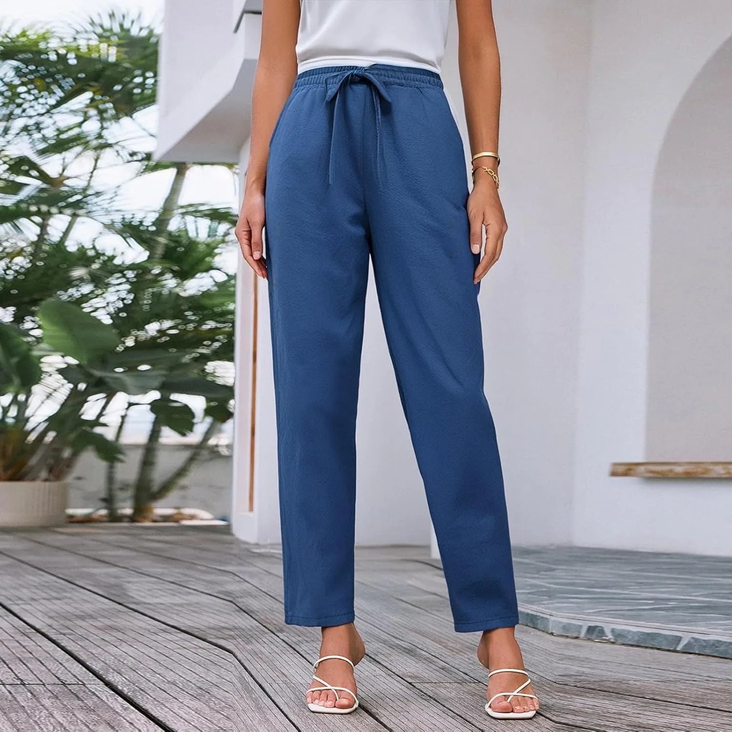 Linen Pants for Women, Peasant Pants Casual Linen Straight Leg Print Trendy