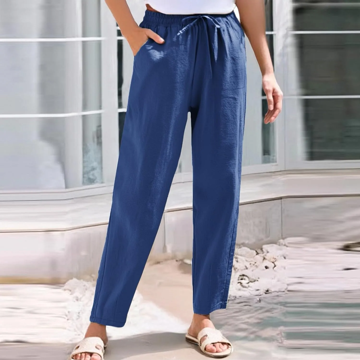 Linen Pants for Women, Peasant Pants Casual Linen Straight Leg Print Trendy