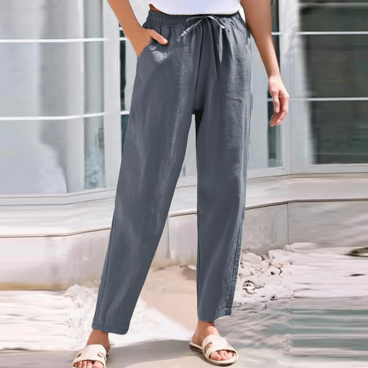 Linen Pants for Women, Peasant Pants Linen Casual Straight Leg Drawstring Trendy