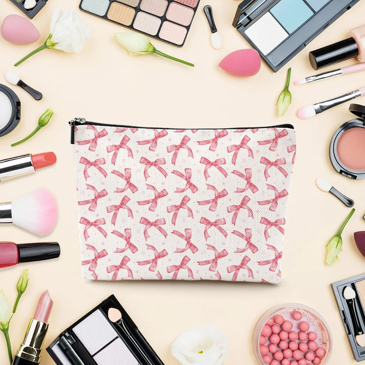 LONGXIN Coquette Makeup Bag Trendy Teen Girls Gifts Pink Bow Pouch Bag Gift for Women Aesthetic Cosmetic Bag Preppy Stuff Trendy Preppy Makeup Bag Funky Zipper Travel Toiletry Bag