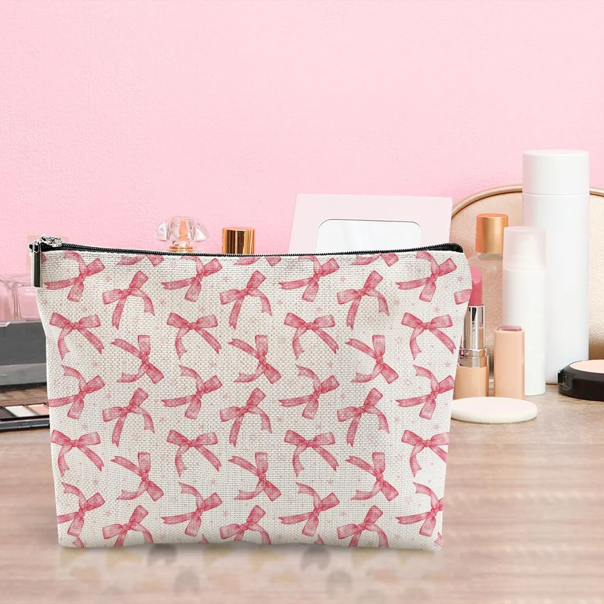 LONGXIN Coquette Makeup Bag Trendy Teen Girls Gifts Pink Bow Pouch Bag Gift for Women Aesthetic Cosmetic Bag Preppy Stuff Trendy Preppy Makeup Bag Funky Zipper Travel Toiletry Bag