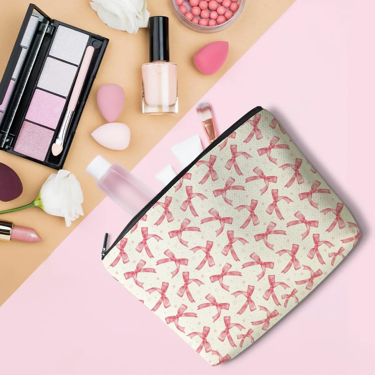 LONGXIN Coquette Makeup Bag Trendy Teen Girls Gifts Pink Bow Pouch Bag Gift for Women Aesthetic Cosmetic Bag Preppy Stuff Trendy Preppy Makeup Bag Funky Zipper Travel Toiletry Bag