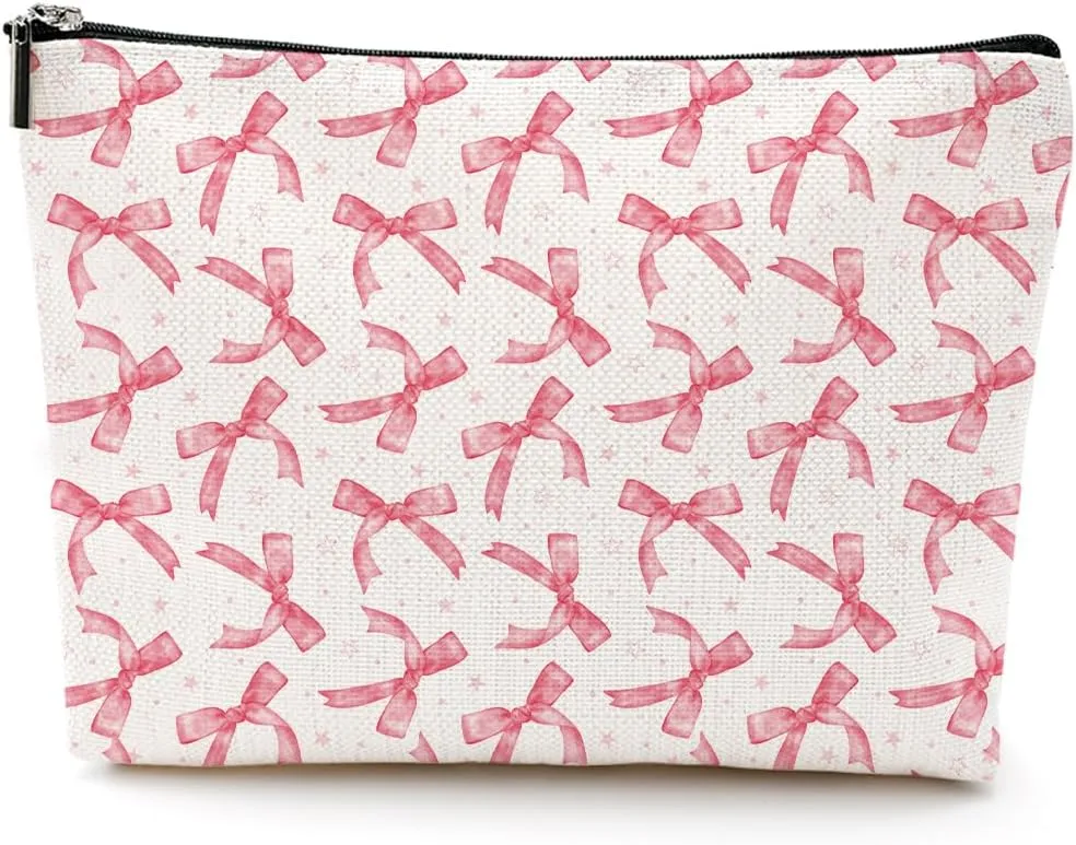 LONGXIN Coquette Makeup Bag Trendy Teen Girls Gifts Pink Bow Pouch Bag Gift for Women Aesthetic Cosmetic Bag Preppy Stuff Trendy Preppy Makeup Bag Funky Zipper Travel Toiletry Bag