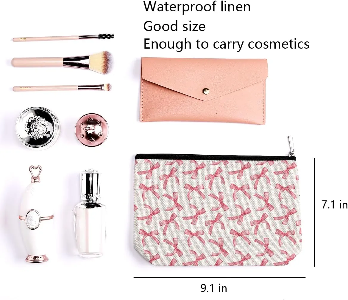 LONGXIN Coquette Makeup Bag Trendy Teen Girls Gifts Pink Bow Pouch Bag Gift for Women Aesthetic Cosmetic Bag Preppy Stuff Trendy Preppy Makeup Bag Funky Zipper Travel Toiletry Bag