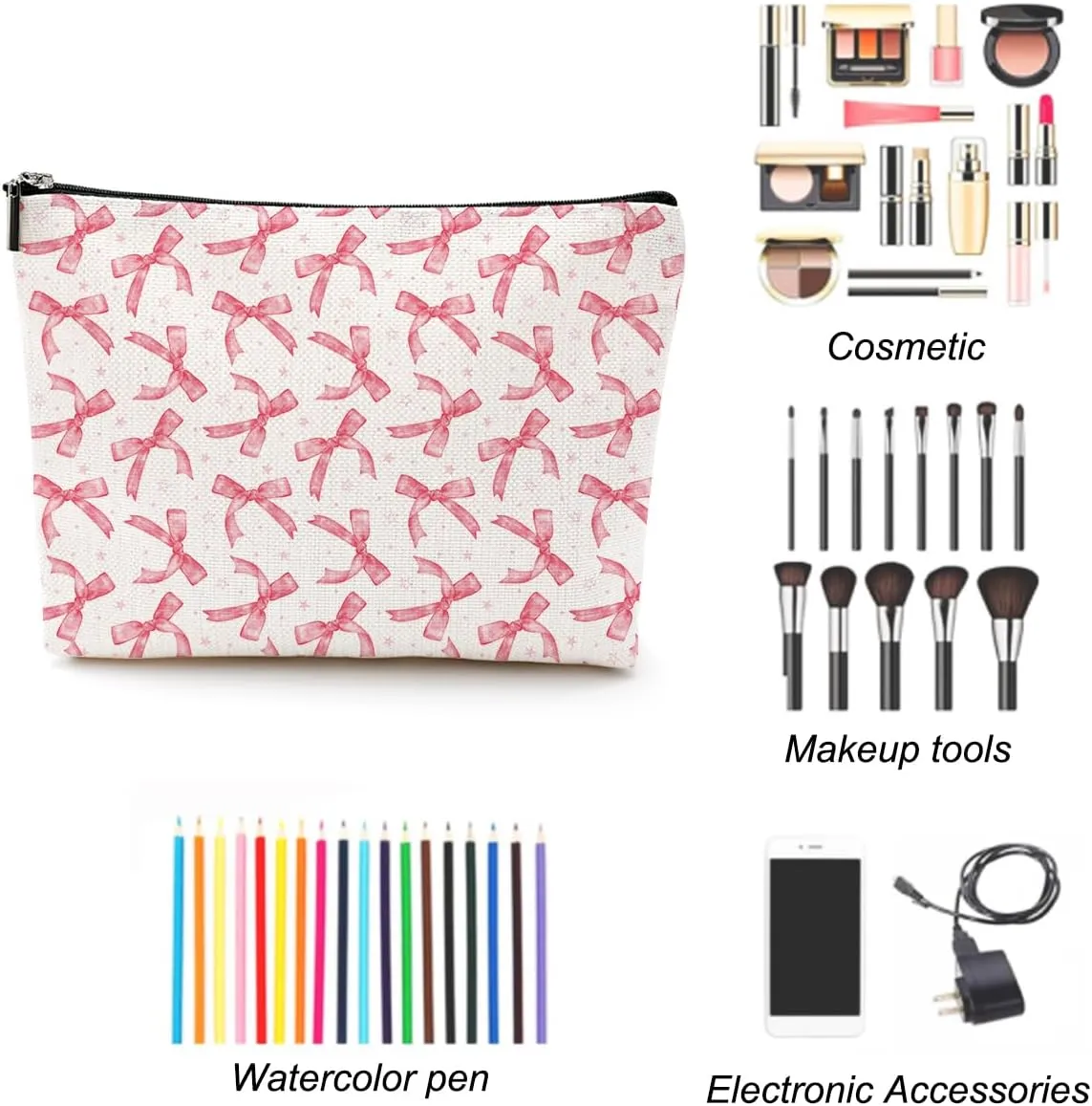 LONGXIN Coquette Makeup Bag Trendy Teen Girls Gifts Pink Bow Pouch Bag Gift for Women Aesthetic Cosmetic Bag Preppy Stuff Trendy Preppy Makeup Bag Funky Zipper Travel Toiletry Bag