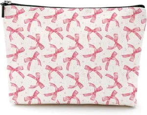 LONGXIN Coquette Makeup Bag Trendy Teen Girls Gifts Pink Bow Pouch Bag Gift for Women Aesthetic Cosmetic Bag Preppy Stuff Trendy Preppy Makeup Bag Funky Zipper Travel Toiletry Bag