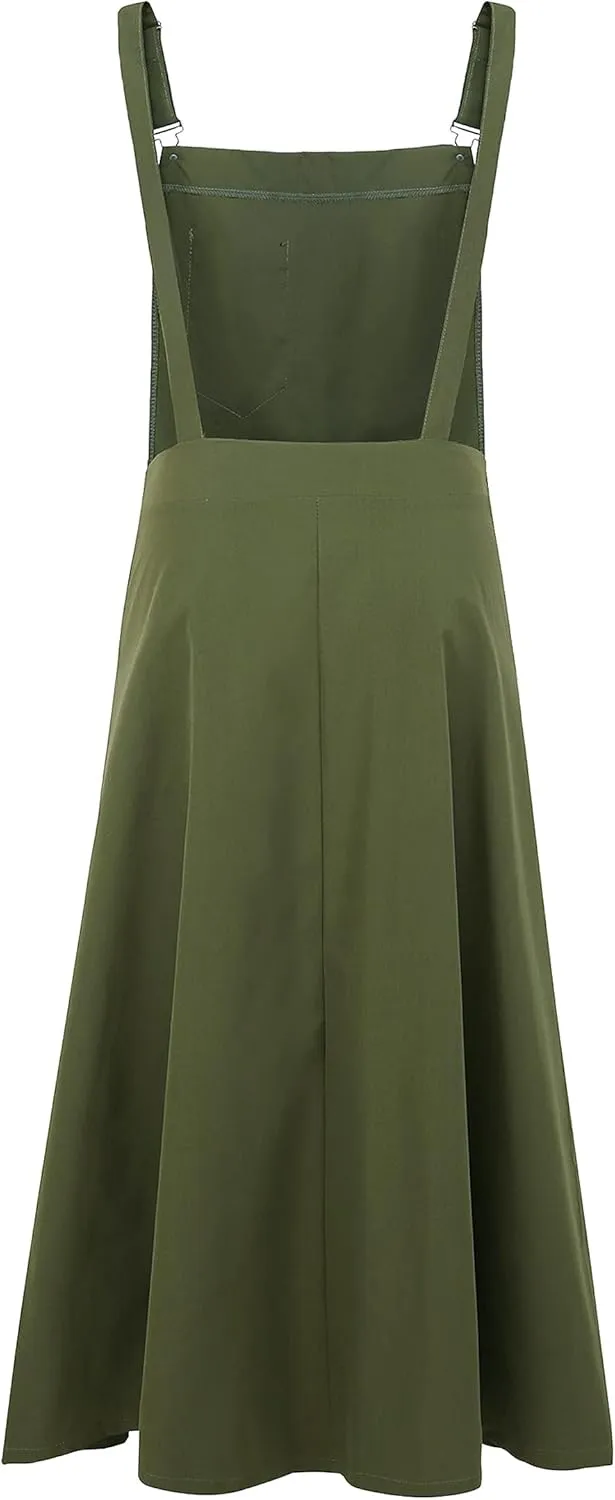 loveimgs Women's Fashion Adjusted Strap Relaxed Fit A Line Pleated Long Maxi Front Bib Overalls Skirt Pinafore