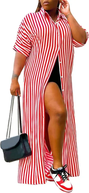 LROSEY Women's Casual Button Down Loose Maxi Shirt Dresses Summer Striped Short Sleeve Striped Dress with Pockets Plus Size