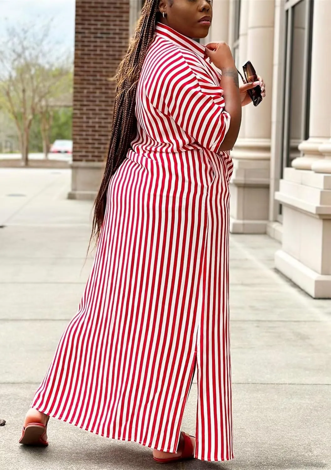 LROSEY Women's Casual Button Down Loose Maxi Shirt Dresses Summer Striped Short Sleeve Striped Dress with Pockets Plus Size