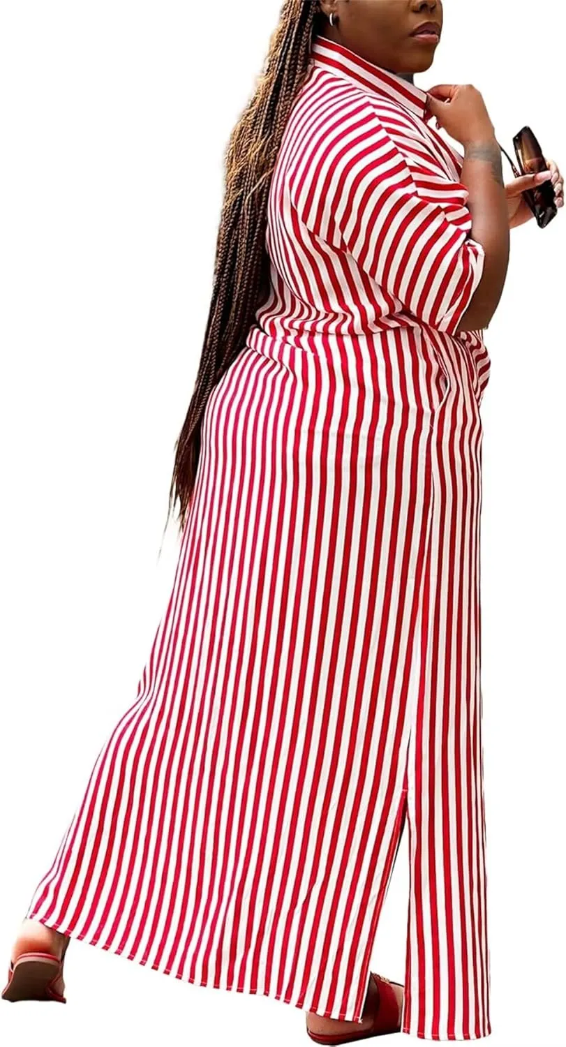 LROSEY Women's Casual Button Down Loose Maxi Shirt Dresses Summer Striped Short Sleeve Striped Dress with Pockets Plus Size