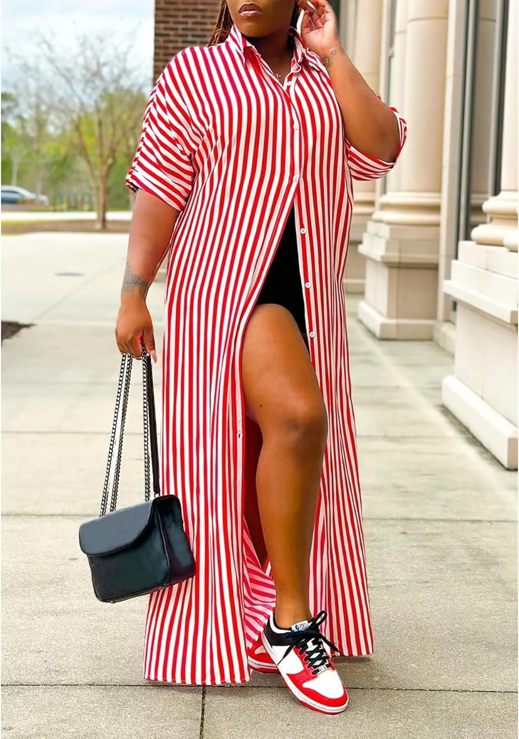 LROSEY Women's Casual Button Down Loose Maxi Shirt Dresses Summer Striped Short Sleeve Striped Dress with Pockets Plus Size